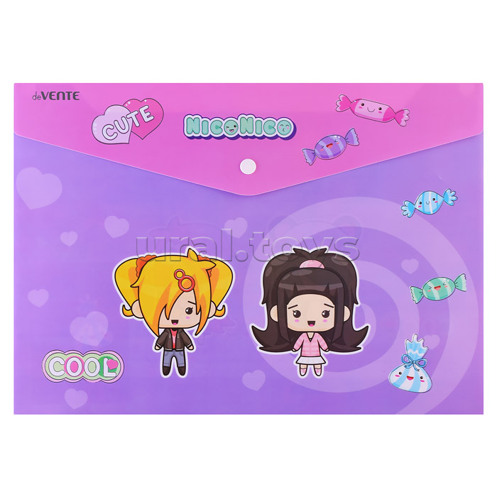 Папка-конверт на кнопке "NicoNico" A4 (335x240 мм) 180 мкм, непрозрачная с рисунком, тиснение фольгой, индивидуальная маркировка, 2 дизайна ассорти