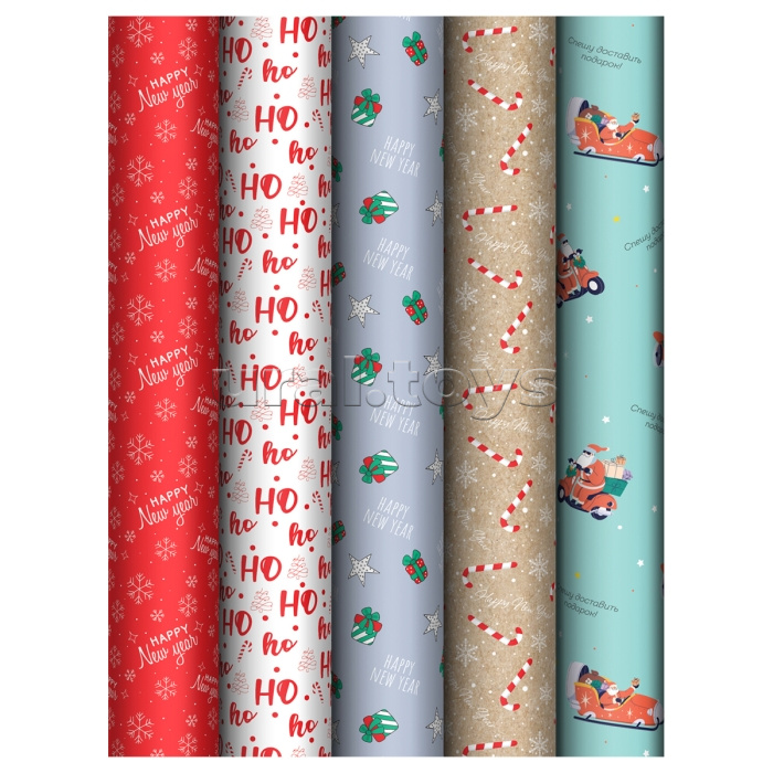 Упаковочная бумага глянц. 70*100см, "Ho ho", 80г/м2, ассорти 5 дизайнов
