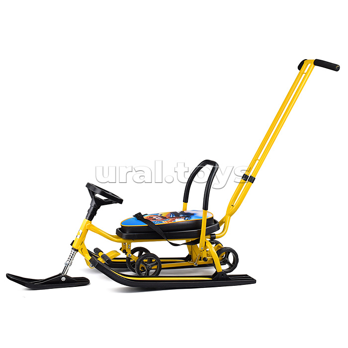 Игрушка Снегокат детский 111 "Mobile" с Т-образным толкателем и колесной базой (Котик на желтом снегоходе)