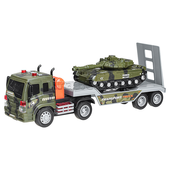 Автовоз "Военный" с танком, 1:16 (свет, звук) на батарейках, в коробке (зеленый)