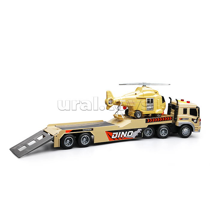 Машина "Военный длиномер" с вертолетом и динозавром, 1:16 (свет, звук) в коробке