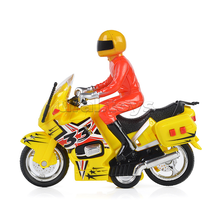 Модель пластик Мотоцикл Спорт 15 см, (свет-звук, 2 кнопки, желт,) инерц,  в коробке