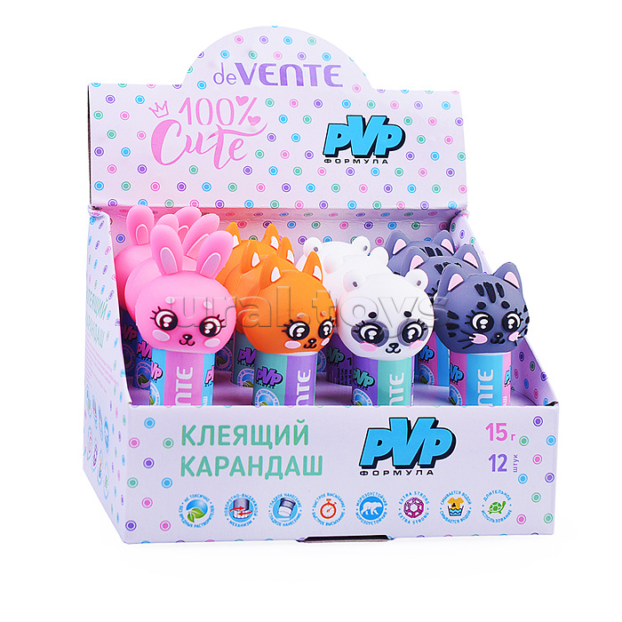 Клеящий карандаш PVP основа "100% Cute" 15 г (быстросохнущий) с фигуркой на колпачке, ассорти