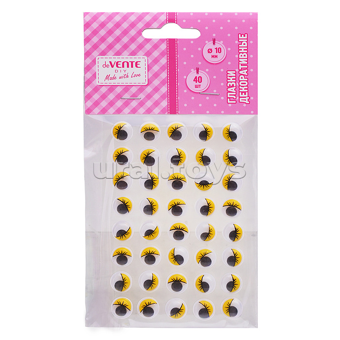 Глазки декоративные круглые пластиковые, с ресницами, цвет желтый, 10 мм, 40 шт в пластиковом пакете с блистерным подвесом