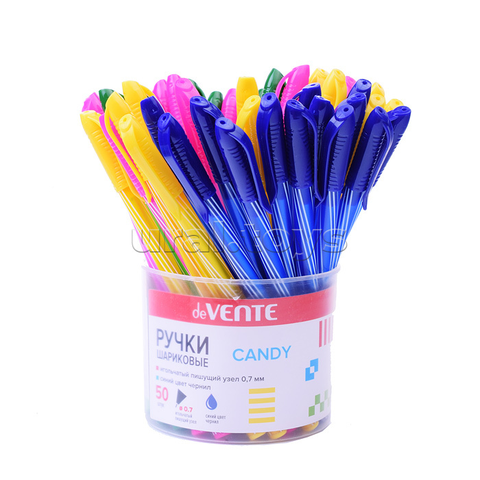 Ручка шариковая "Candy" d=0,7 мм, цветной полосатый корпус, игольчатый пишущий узел, одноразовая, индивидуальная маркировка, цвета корпуса ассорти, в пластиковой тубе, синяя Ручка шариковая "Candy" d=0,7 мм, цветной полосатый корпус, игольчатый пишущий узел, одноразовая, индивидуальная маркировка, цвета корпуса ассорти, в пластиковой тубе, синяя