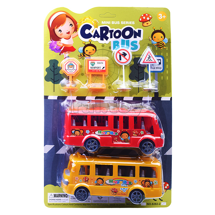 Набор автобусов "Cartoon bus" со знаками, на листе