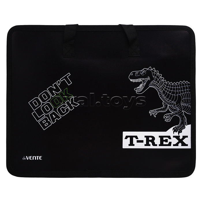 Папка для тетрадей, ИЗО и технологии "T-Rex"A4 (33,5x26x10 см) с текстильным расширением 10 см, на молнии сверху, пластик 400 мкм, выборочный лак, текстильные ручки, в пластиковом пакете