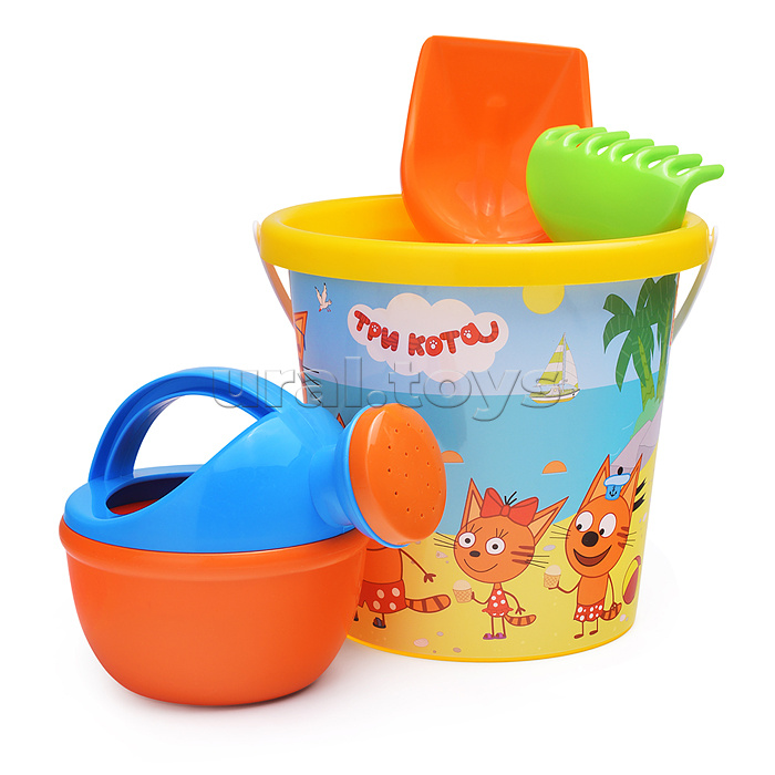 Песочный набор "Три кота" №14: Ведро с наклейкой, лопатка №5, грабельки №5, лейка малая №4