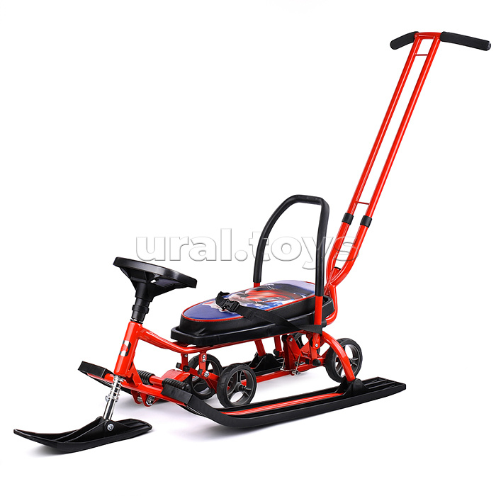 Игрушка Снегокат детский 111 "Mobile" с Т-образным толкателем и колесной базой (Котик на красном снегоходе)