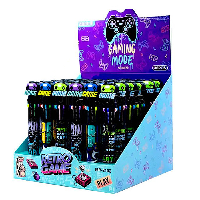 Ручка шариковая автоматическая "GAME" 10 цв. (фиолетовый, черный, синий, красный, оранжевый, зеленый, жёлтый, голубой, розовый, коричневый), пулевидный пиш.узел 0.7мм, корпус пластиковый цветной, сменный стержень 68 мм, картонный дисплей