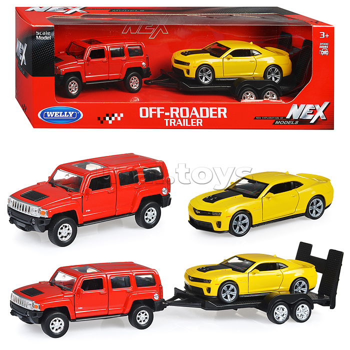 Набор 1:38, Hummer H3, Chevrolet Camaro ZL1, с прицепом, 2 шт.