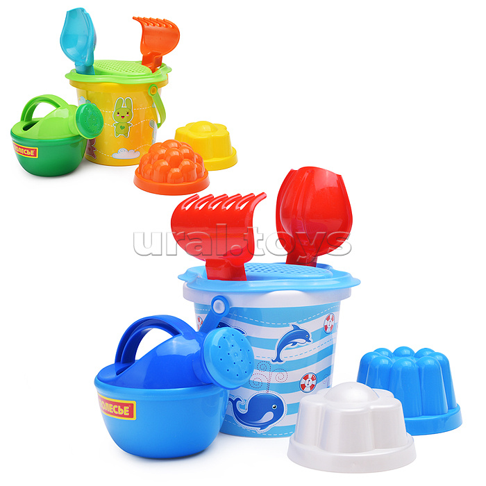 Набор №228: ведро малое с наклейкой, ситечко-цветок, совок №2, грабельки №2, 2 формочки, лейка малая