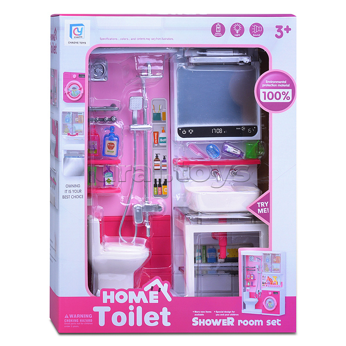Набор мебели для кукол "Ванная комната" (унитаз, душ, раковина,зеркало) с аксессуарами, на батарейках, в коробке