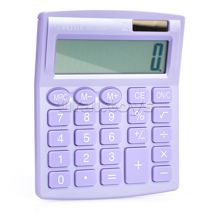 Калькулятор настольный, 105x127x21 мм, 8 разрядный, автоматическое вычисление квадратного корня, процентов, функция смены знака, работа с памятью, двойное питание, автоматическое отключение, прорезиненные ножки, пастельный сиреневый, в картонной коробке D