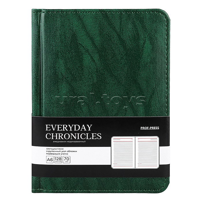 Ежедневник А6, 128л. недатир. "EVERYDAY CHRONICLES - EMERALD" кожзам (зеленый)