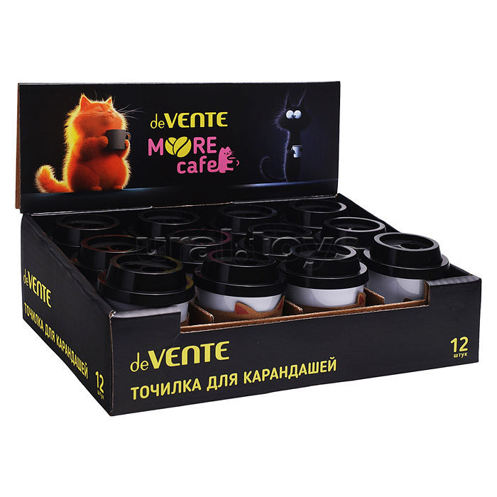 Точилка для карандашей "MooreCafe" 2 отверстия, пластмассовая с контейнером, каждая с индивидуальной маркировкой, с 4-мя разными кошачьими мордочками на капхолдере