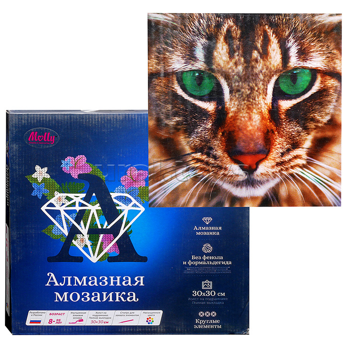 Алмазная мозаика 30х30 "Бенгальская кошка" (15 цветов)