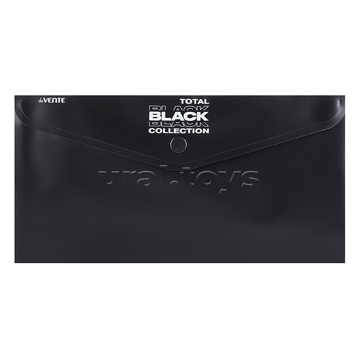 Папка-конверт на кнопке "Total black" Travel-size DL (260x140 мм) 180 мкм, непрозрачная черная с дизайном, индивидуальная маркировка