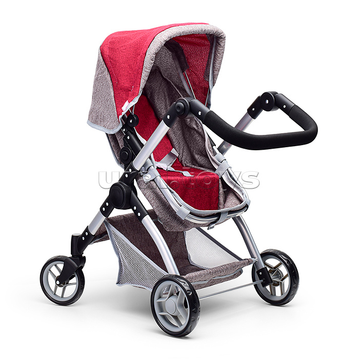 Коляска - трансформер для кукол, металлическая, регулируемая ручка, с корзиной, цвет серо-розовый