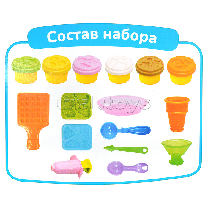 Масса для лепки набор Ice-cream & wafles - Мороженое и вафли, 3d формы, 10 аксессуаров, 6 баночек с тестом,  (6 x 28 г.)