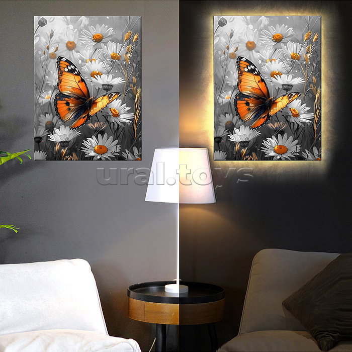 Картина по номерам 40х50 "Бабочка Монарх в ромашках" USB LED подсветка (18 цветов)