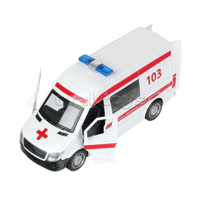 Машина металл свет-звук "Скорая помощь" 14,5см, двери, багаж, инерц, бел, кор.