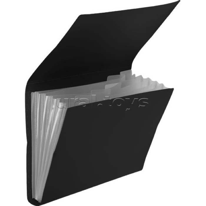 Папка с клапаном клапаном с 6-ю отделениями "Black" A4 550 мкм, фактура "песок" индивидуальная упаковка, непрозрачная черная