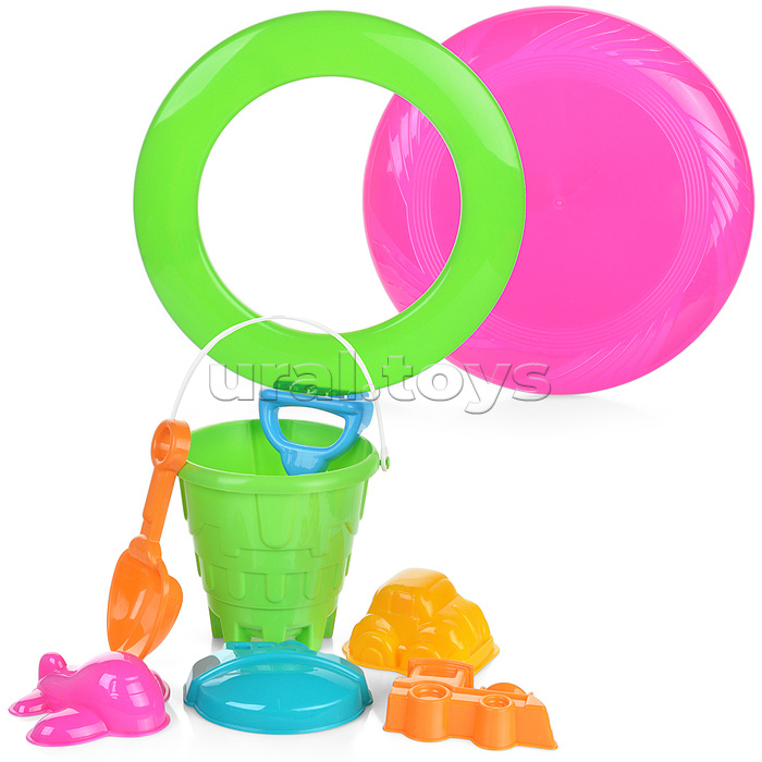 Набор летний №4 (ведро+совок+грабли+фрисби+кольцо+4 формочки)