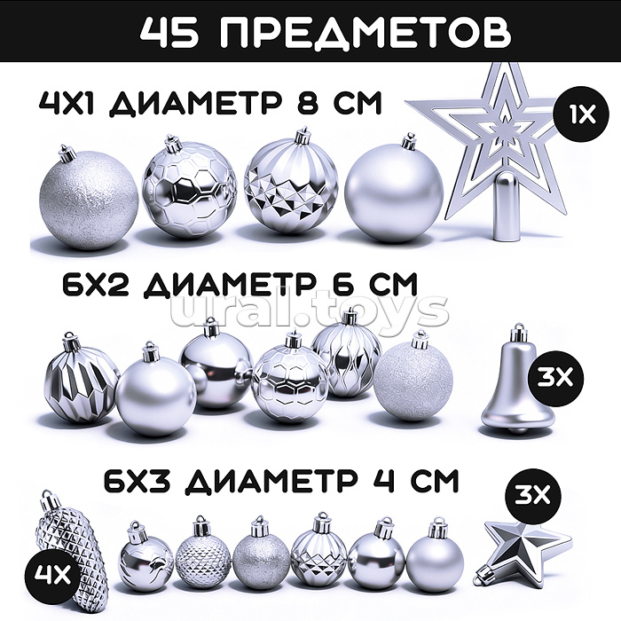 Набор новогодних украшений "Серебряный иней" (45шт х 4, 6, 8 см) Набор новогодних украшений "Серебряный иней" (45шт х 4, 6, 8 см)