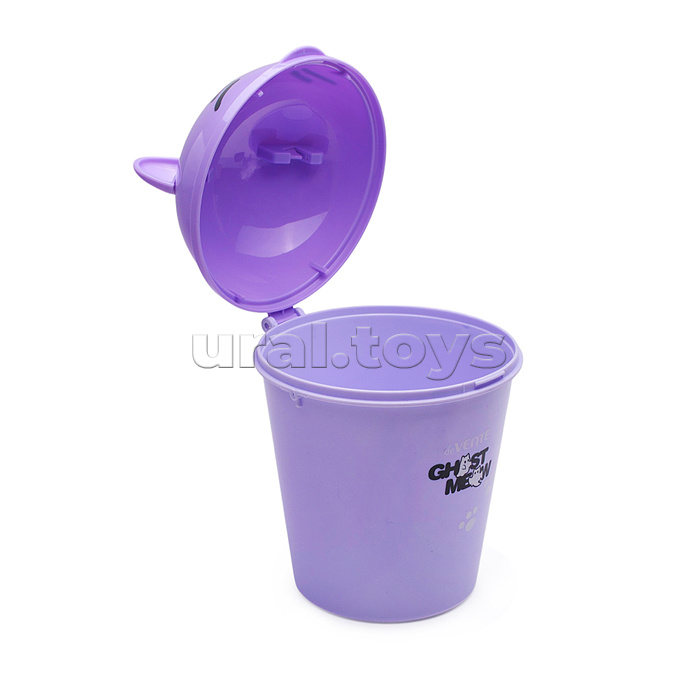 Контейнер для мусора, хранения "Ghost Meow" настольный пластиковый 17x11,5x8 см, в форме ведерка с крышкой в кошачьей тематике, сиреневый, в пластиковом пакете