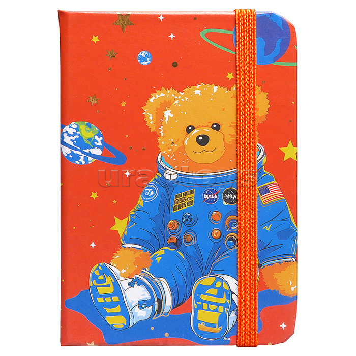 Блокнот А7 80л. "Медведь в космосе" в линейку в твердом переплете, на резинке, 77г/м2, цвет в ассортименте (красный, синий, черный, голубой), в дисплее