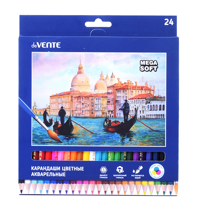 Карандаши цветные акварельные "Trio Mega Soft" 24 цвета, 3М, диаметр грифеля 3 мм, шестигранные, с кисточкой, в картонной коробке