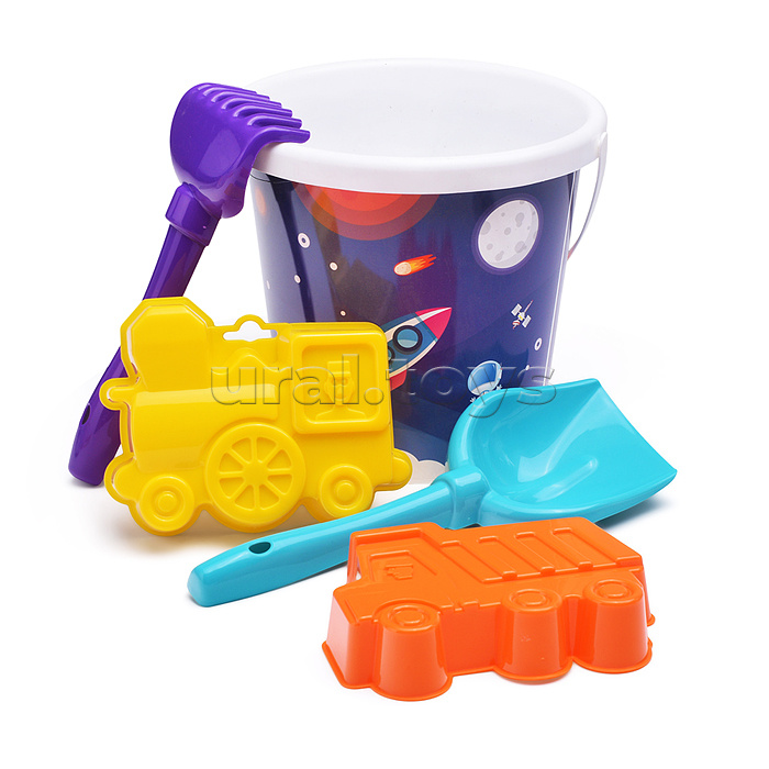 Набор №119: ведро с наклейкой, лопатка №5, грабельки №5, формочки (самосвал + паровоз)