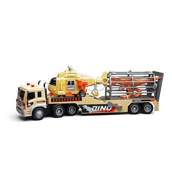 Машина "Военный длиномер" с вертолетом и динозавром, 1:16 (свет, звук) в коробке