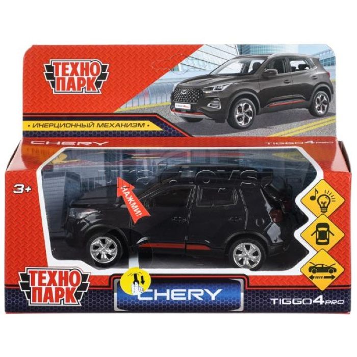 Машина металл Chery tiggo 4 pro, 12 см, свет-звук, двери, капот, багажник, инерц. черный, в коробке