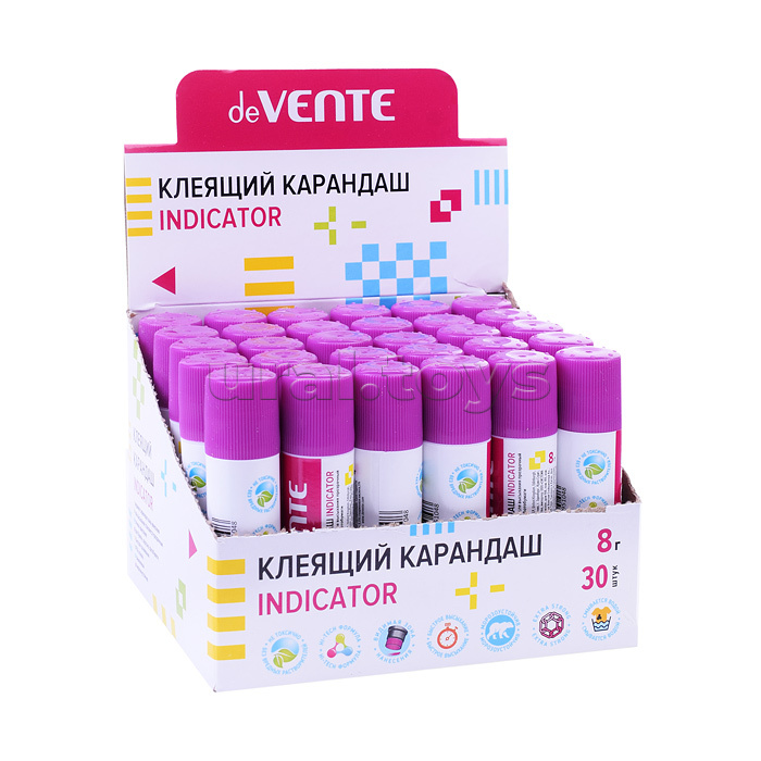 Клеящий карандаш PVA основа "Indicator" 08 г круглый фиолетовый (при высыхании - прозрачный) в картонном дисплее с пластиковым поддоном Клеящий карандаш PVA основа "Indicator" 08 г круглый фиолетовый (при высыхании - прозрачный) в картонном дисплее с пластиковым поддоном