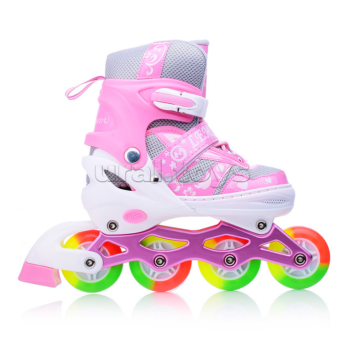 Ролики детские, M с комплектом защиты, цвет розовый с белым, цветные колеса