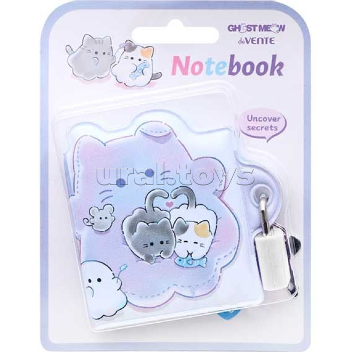 Записная книжка "Ghost Meow" A8 (58 ммx72 мм) 140 стр, белая бумага 80 г/м² с цветным дизайном, мягкая съемная обложка из искусственной кожи, цветная печать, металлический замок, в картонном блистере с европодвесом
