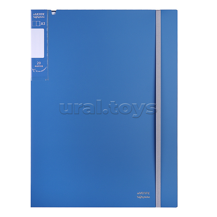 Папка с 020 вкладышами A3 "SigNATURE" A3 (320x435x15 мм) полипропилен 650 мкм, фактура "ткань" вкладыши 30 мкм, внутренний карман 160 мкм, широкая резинка, индивидуальная упаковка, сумеречно синяя
