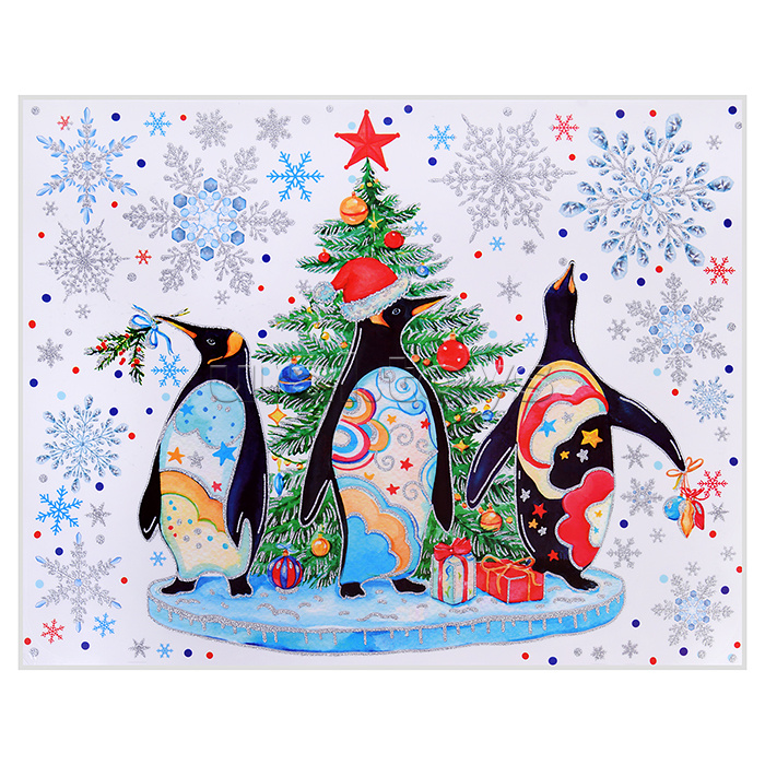 Новогоднее оконное украшение "Веселые пингвины" из ПВХ пленки, декорировано глиттером (крепится к гладкой поверхности стекла посредством статического эффекта) с раскраской на картонной подложке 30х38см