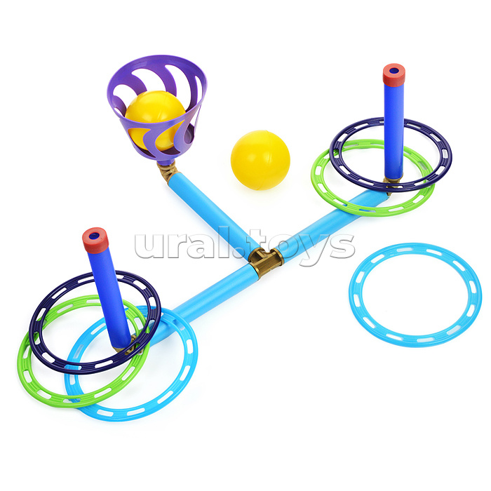 Кольцеброс - шароброс 2 в 1 (дом/улица).  2 стойки + 6 колец, 1 корзинка + 2 мяча, клин - 3 шт.