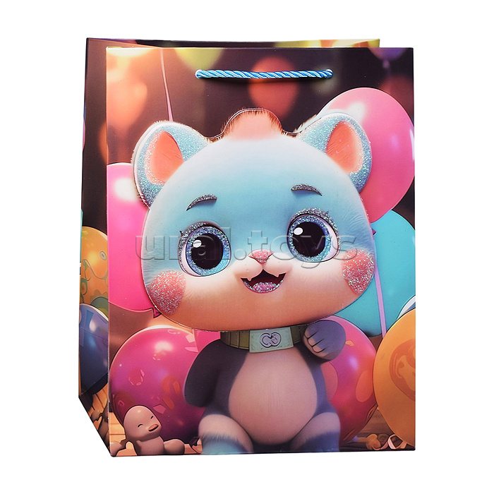 Пакет подарочный с матовой ламинацией и глиттером 3Dэл. 18х23х10 см (М) Котёнок и шарики, 210 г