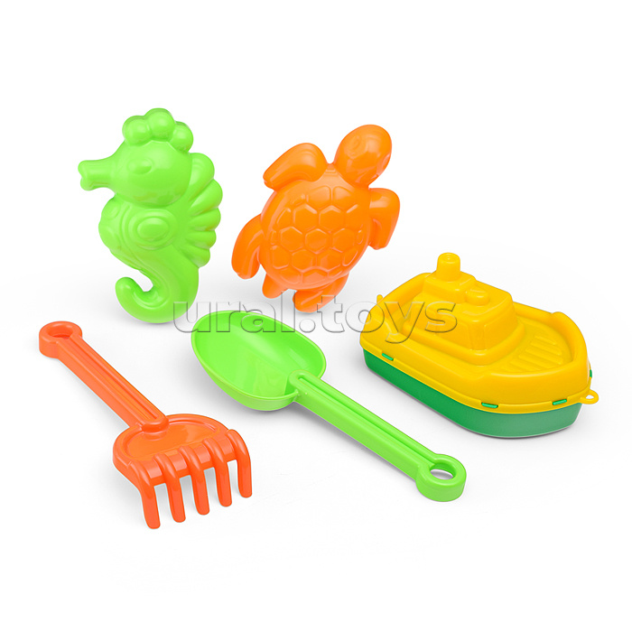 Набор №370: кораблик "Буксир", совок №7, грабельки №7, формочки (морской конёк + черепаха)