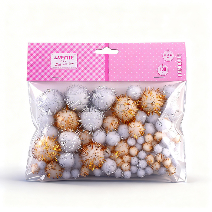 Набор помпонов для творчества "DIY Glitter Pompoms" 100 шт, блестящие, полиэстеровые (золотые и серебряные: 3 см – 10 шт, 2 см – 20 шт, 1 см – 70 шт), в пластиковом пакете с блистерным подвесом