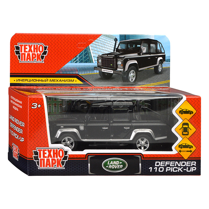Машина металл Land Rover Defender Pickup 12 см, (двери, багаж, черный) в коробке