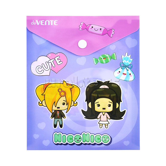 Папка-конверт на кнопке "NicoNico" A6 (140x170мм) 180 мкм, непрозрачная с рисунком, тиснение фольгой, индивидуальная маркировка, 2 дизайна ассорти