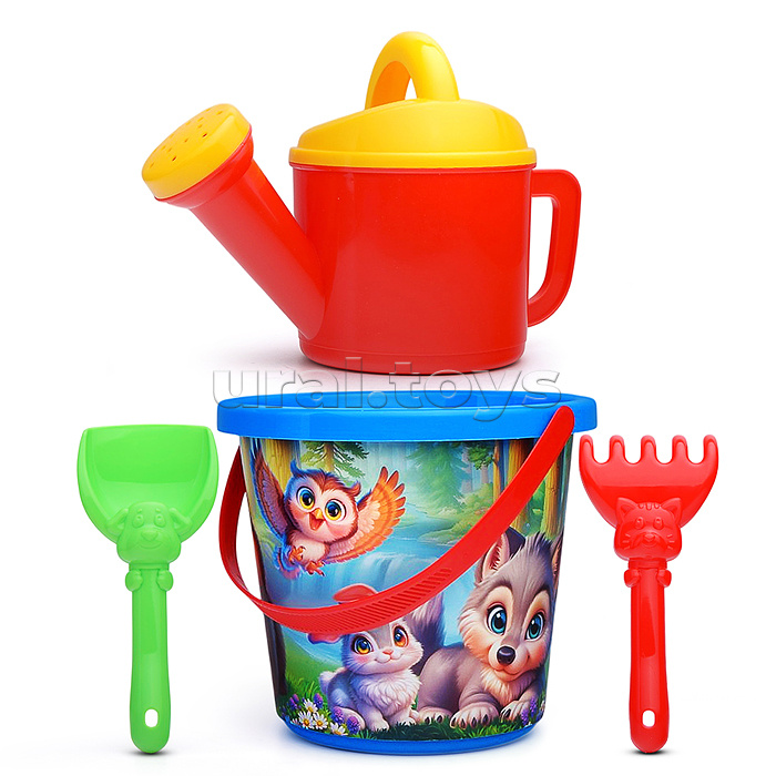 Набор №110 (Ведро №8 (0.85л.) "Лесная полянка"+ лейка+лопатка 13 см + грабли 13 см)