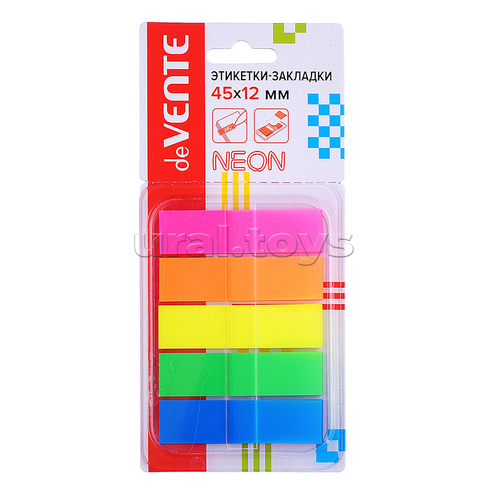 
Набор самоклеящихся этикеток-закладок пластиковые полупрозрачные, в диспенсере Z-сложение, 45x12 мм, 5x30 листов, 5 неоновых цветов, в картонном блистере