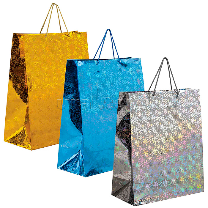 Пакет подарочный новогодний 41x19x49 см (XXL), голография, ассорти 3 цвета