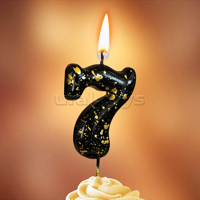 Свеча Цифра, 7 Золотые брызги, на шпажке, Черный, Металлик, 4,3 + 5,2 см, 1 шт. с держат.